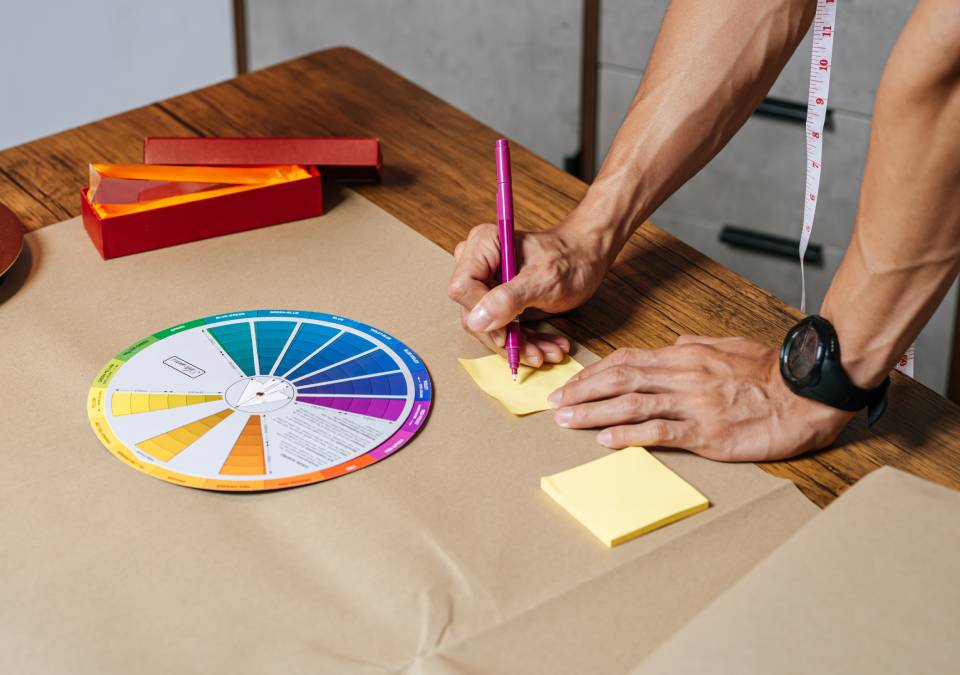 Young fashion designer man working with color wheels